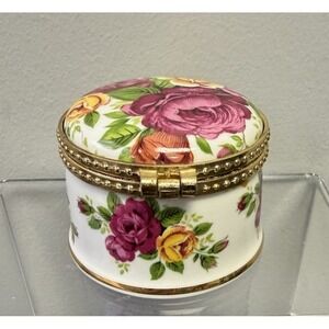 Floral Motif Gold Hinged Trinket Box Fenton Bone China Peony Rose Country Decor